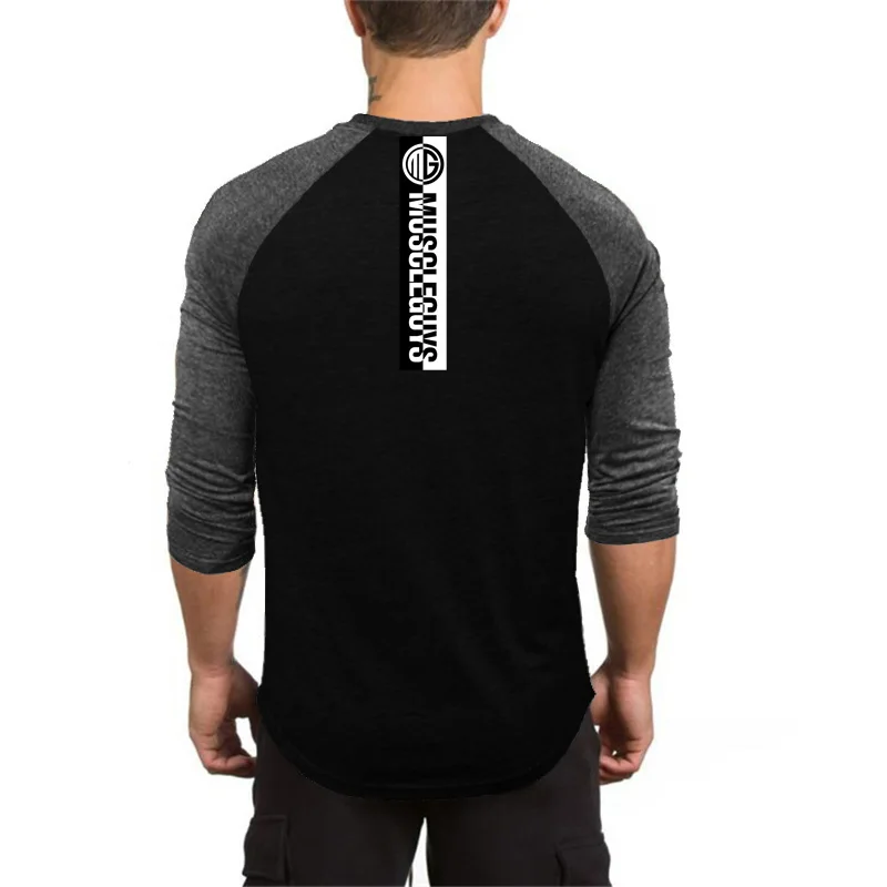 Gym Bodybuilding Muscle Shirts Mens Sport Slim Fit Color Contrast Clothing Autumn Cotton Three Quarter Sleeve Fitness T-Shirts