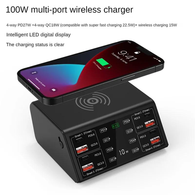 Multi-Port Cell Phone Charger 4-Way Charger 100W Power Compatible Led Intelligent Digital Display Screen,With AU Plug