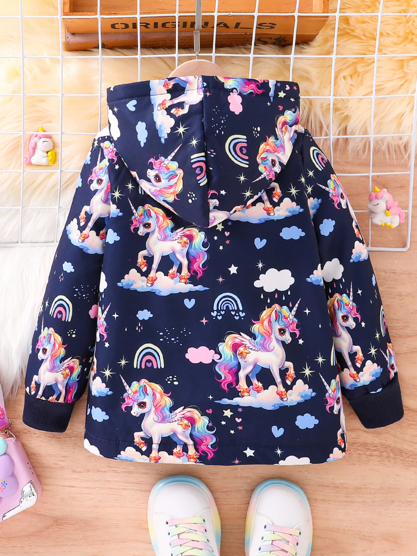 Autumn And Winter Girl\'s Unicorn Rainbow White Cloud Print With Plush Hooded Single Breasted Vintage Jacket Jacket