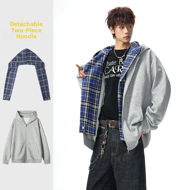 

Trendy Plaid Hooded Open Cardigan Sweatirt Men's Spring Faion Loose Casual Outerwear Splicing Design All-Match Spring 2026