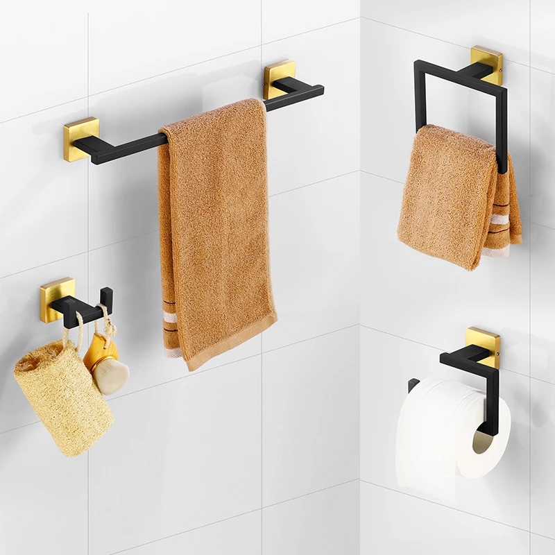 Matte Black Gold Bathroom Accessories Set Wall Towel Holder Roll Paper Holder Towel Ring Robe Hook Stainless Steel Hardware Set