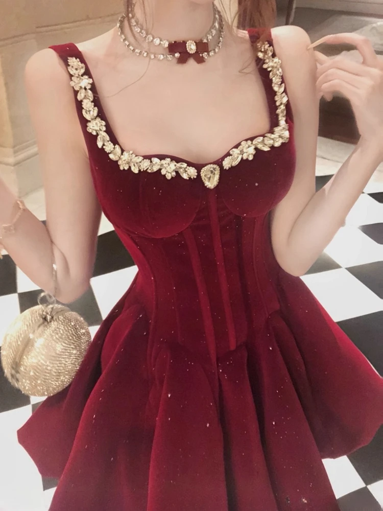 فستان فرنسي عتيق أنيق للأميرة باللون الأحمر للنساء Y2k تصميم مثير من الدانتيل فستان سهرة هاراجوكو كوري أنيق لحفلات أعياد الميلاد #6