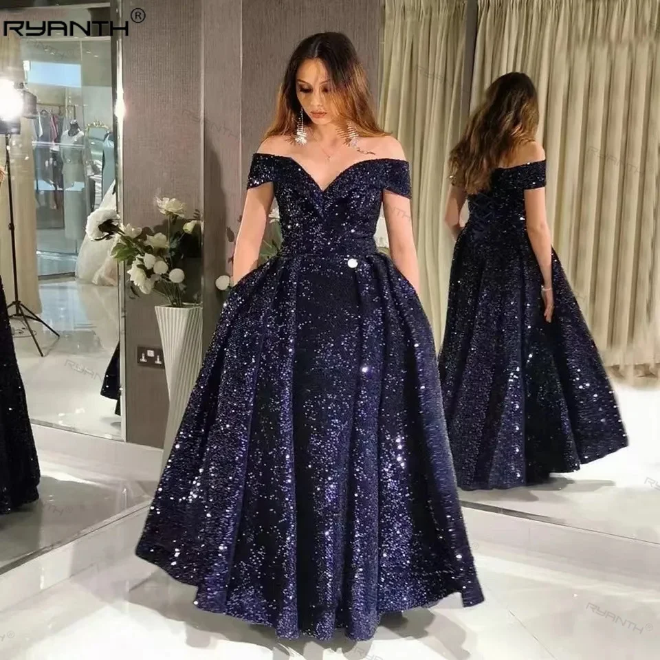 Vestido feminino de lantejoula sem ombro com renda, vestido de baile elegante, linha A, brilhante, luxo, vestidos de festa famosos, 2024