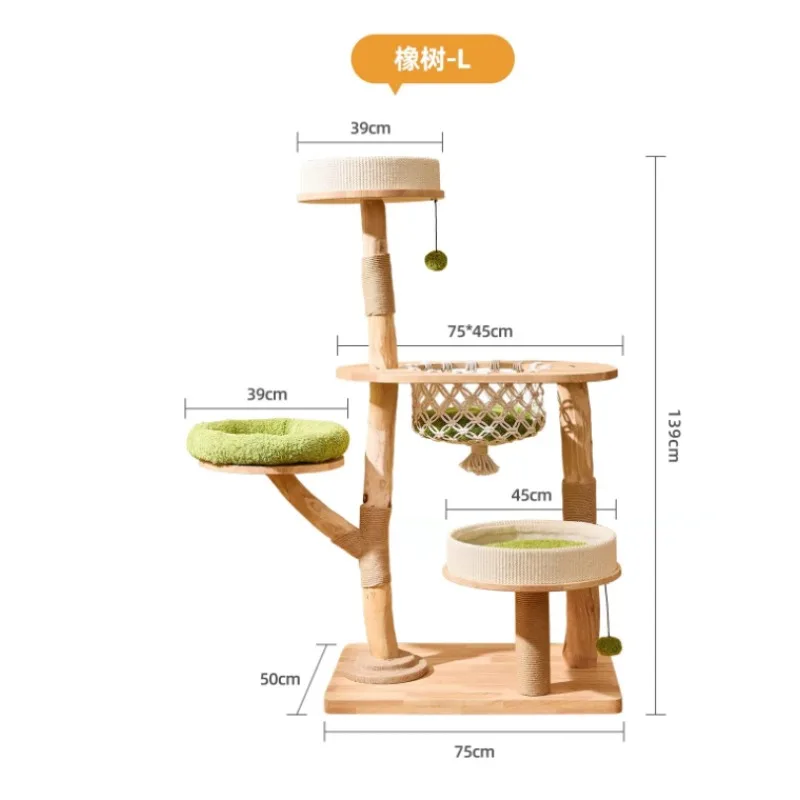 Large Luxury Wooden Cat Tree with Hanging Basket, Multi Level Cat Tower Indoor Pet Play Rest House for Kitten Cat