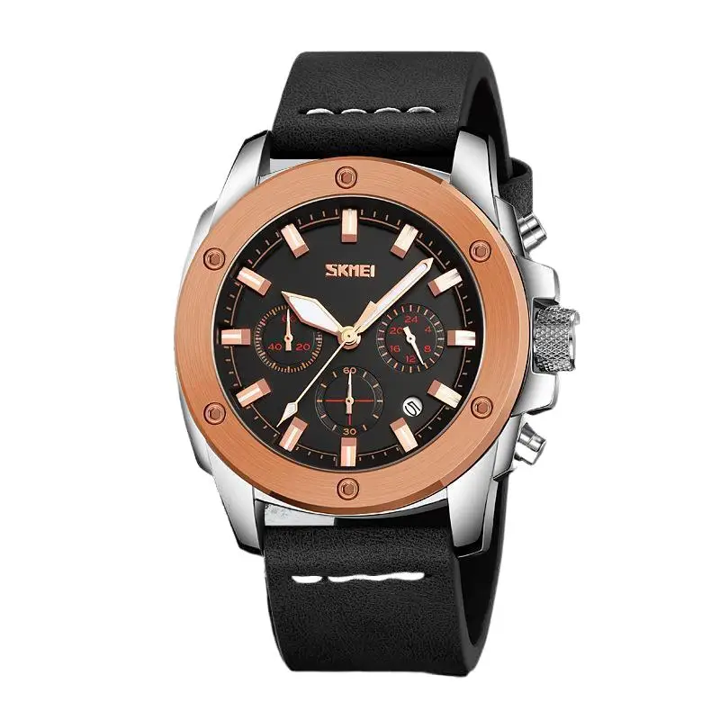 ساعة SkmeiMen كوارتز مقاومة للماء بحزام جلدي، ساعة يد مضيئة بمينا كبير