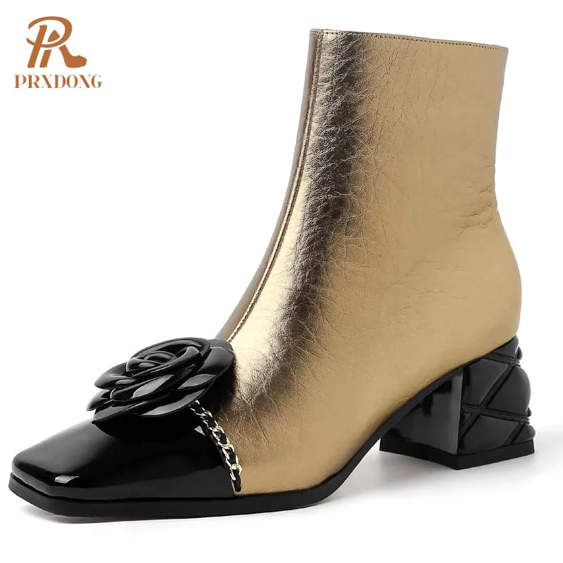 PRXDONG INS 2024 Nowa moda Jesień Zima Ciepłe botki do kostki Chunky High Heel Square Toe Gold Black Zipper Dress Party Lady Shoes