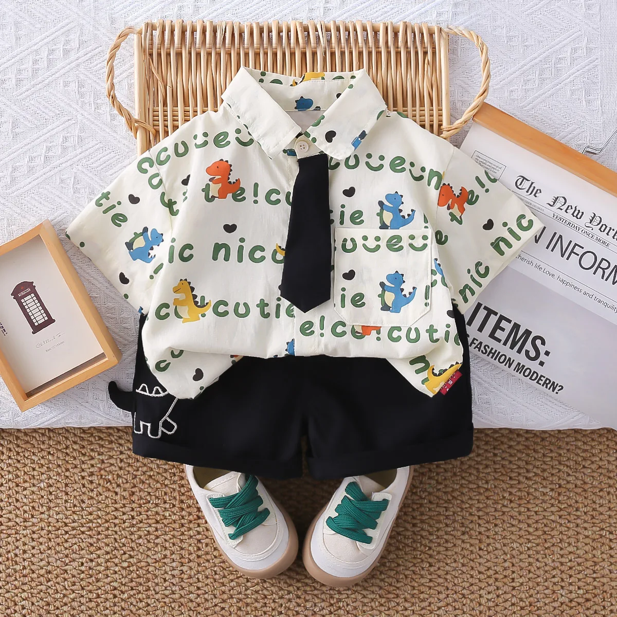 

New Children Boy Summer Clothes Kids Short Sleeve Full Printe Dinosaur Tie Shirts Shorts 2Pcs/Set Kid Fashion Toddler Tracksuits