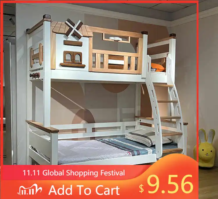 

High Guardrail Pure Solid Wood Two-Layer Bunk Bed Children's Upper & Lower Bed with Windmill Tree House for Bedroom