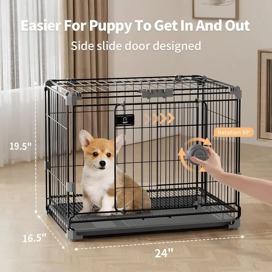 

Dog Crate for Small Dogs Under 25lbs,24 inch Black Thick Metal Dog Kennel Indoor Wire Cage with Double Door and Remo able Tray f