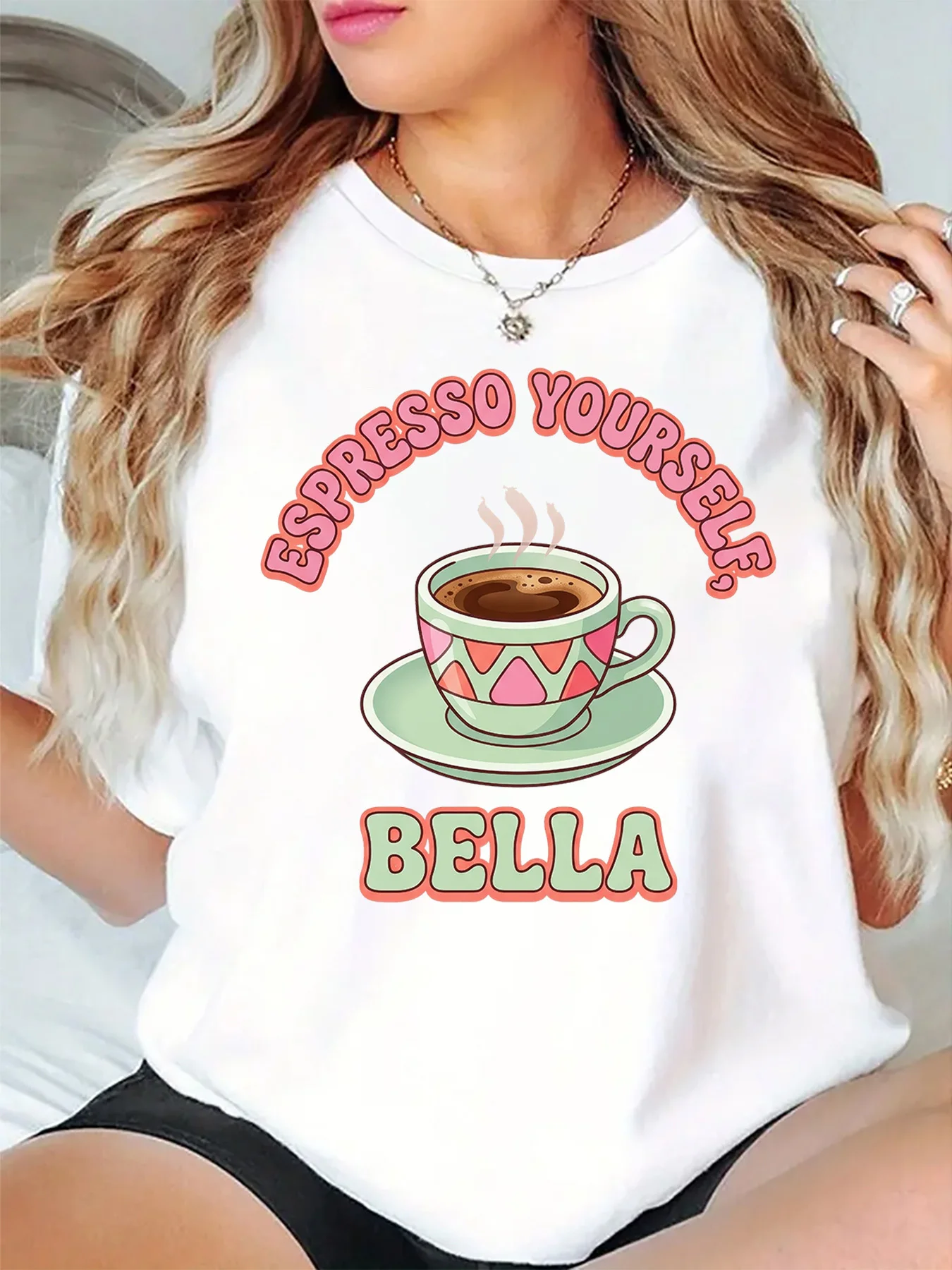 Espresso Yourself Bella Cute Coffee Cup Graphic Womens T Shirt Short Sleeve Crew Neck Fun Slogan Casual Daily Ladies Tee Tops