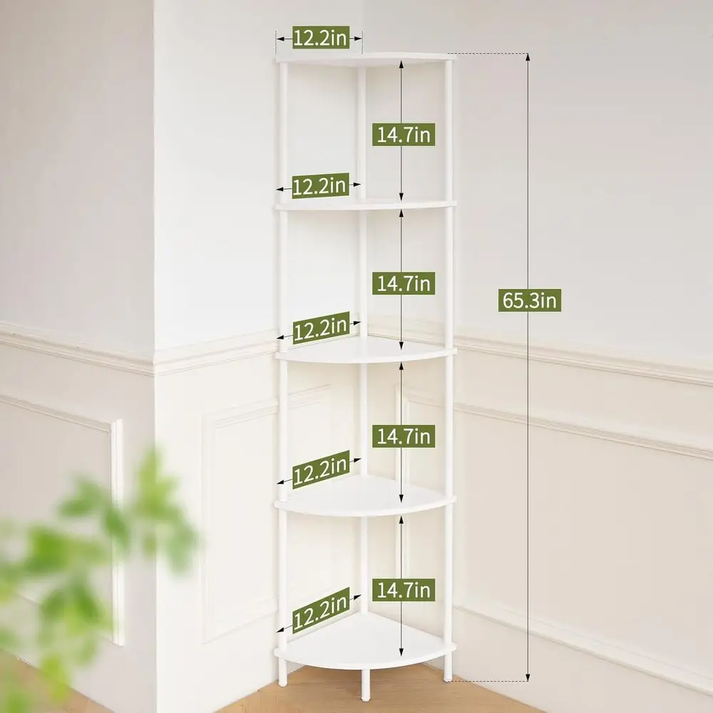 Corner Shelf Stand, 5-Tier Bookshelf, 65" Tall Shelves for Bedroom, Living Room, Narrow Display Shelf Bookcase, White Book Shelf