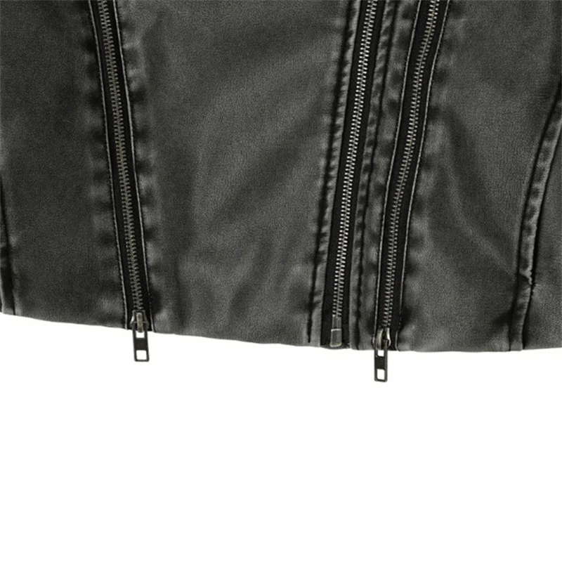 2025 streetwear super-curto jaqueta de couro feminino casaco de cintura alta vintage do-old lavado zip-up plutônio solto outerwear primavera outono