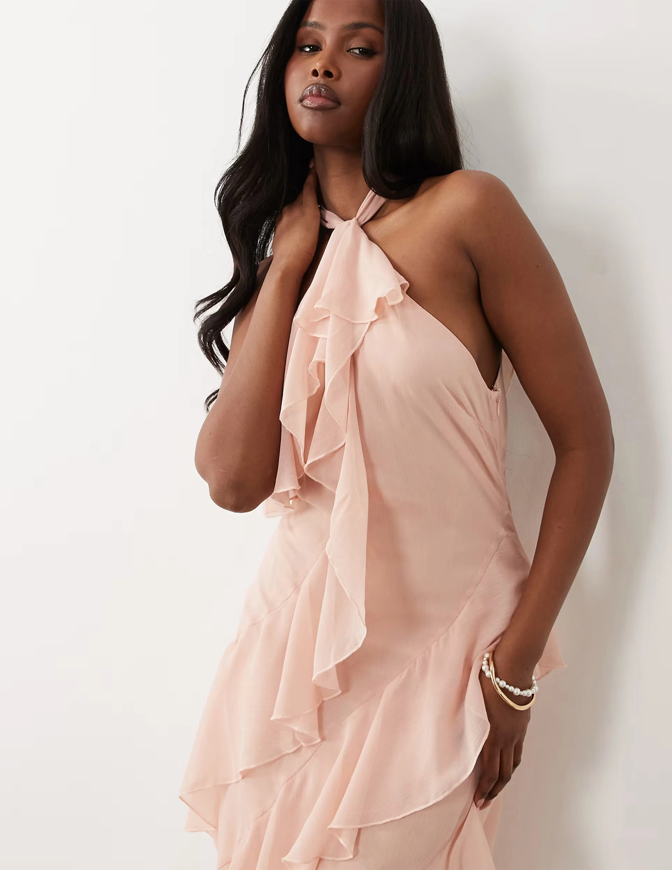 Customized Blush Pink Halter Midi Evening Dress Women Chiffon Ruffles High Side Slit Bridesmaid Cocktail Party Formal Gown 2026