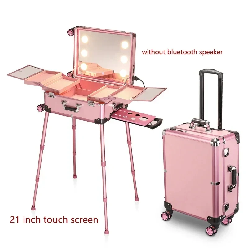 NEW Professional Aluminum Trolley Cosmetic Case with LED Light And Mirror Folding Table for Beauty Makeup Portable Luggage