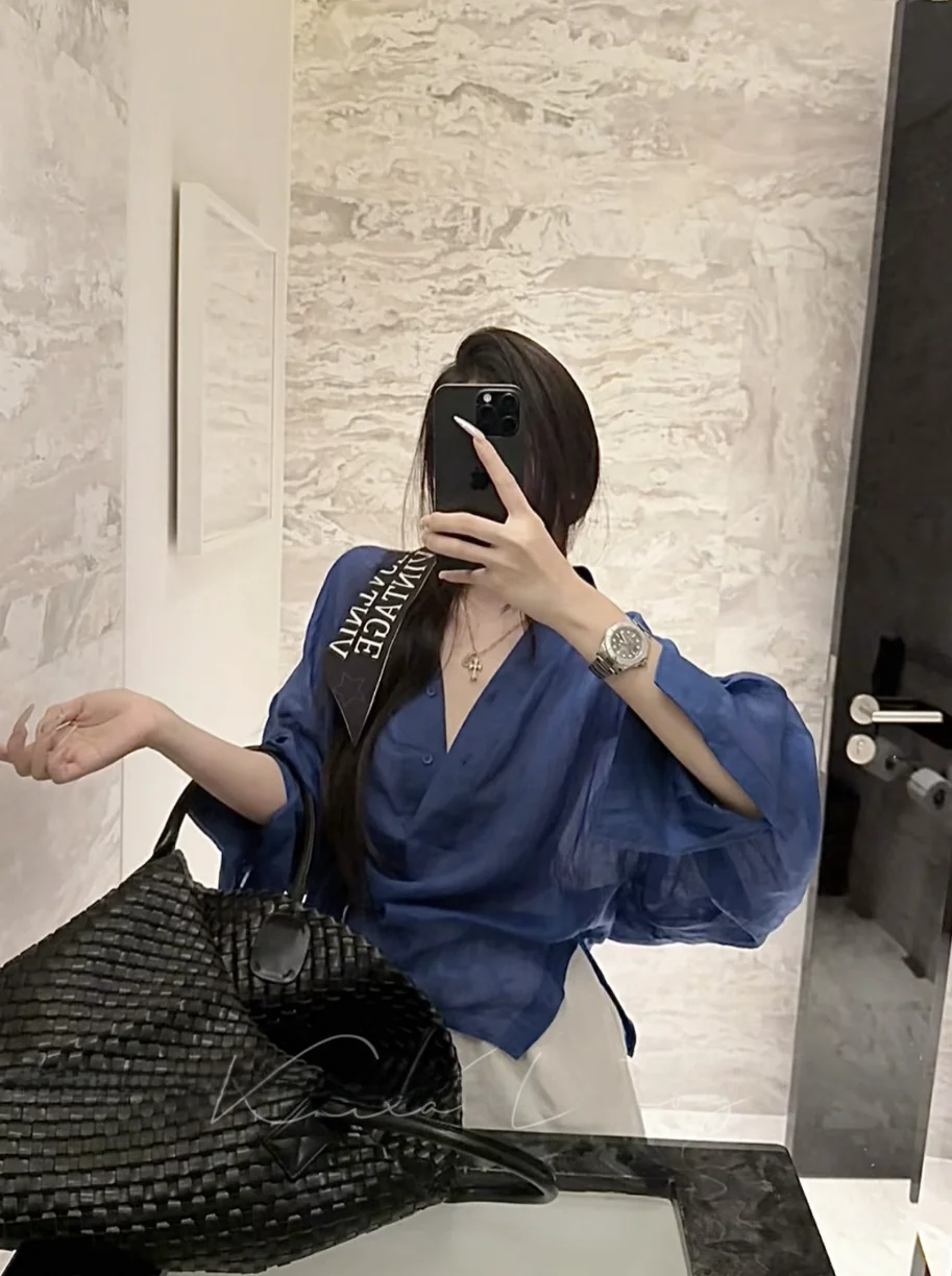 

Klein Blue Lazy Large irt Loose Long Sve Ele Blue V-ne Unique Design Sun Protection Top Women's Korean Sle Commute