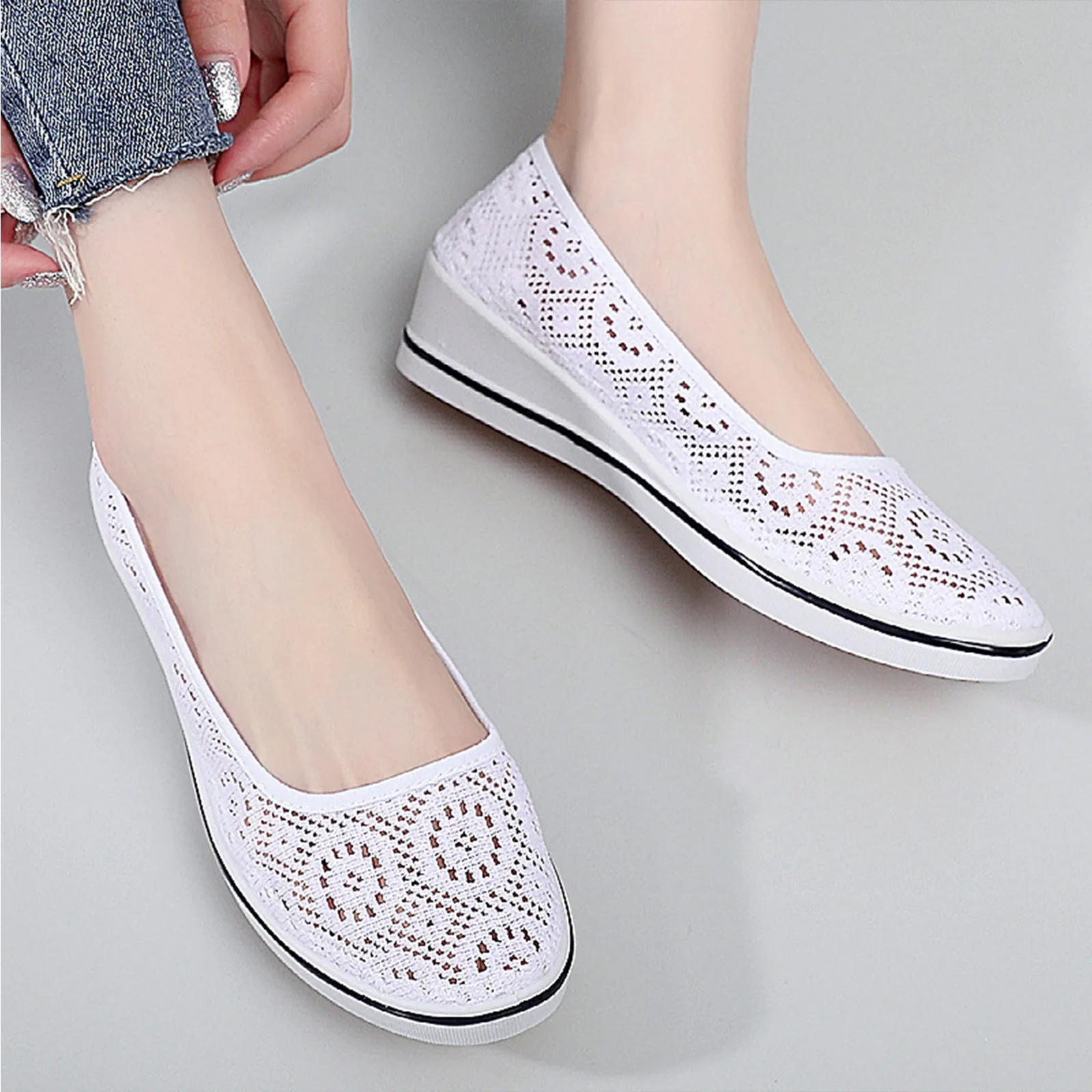 Women's Wedge Heel White Mesh Shoes Comfortable Non-slip Hollow Breathable All-match Work Beauty ShoesWhite Lace Hollow Breathab