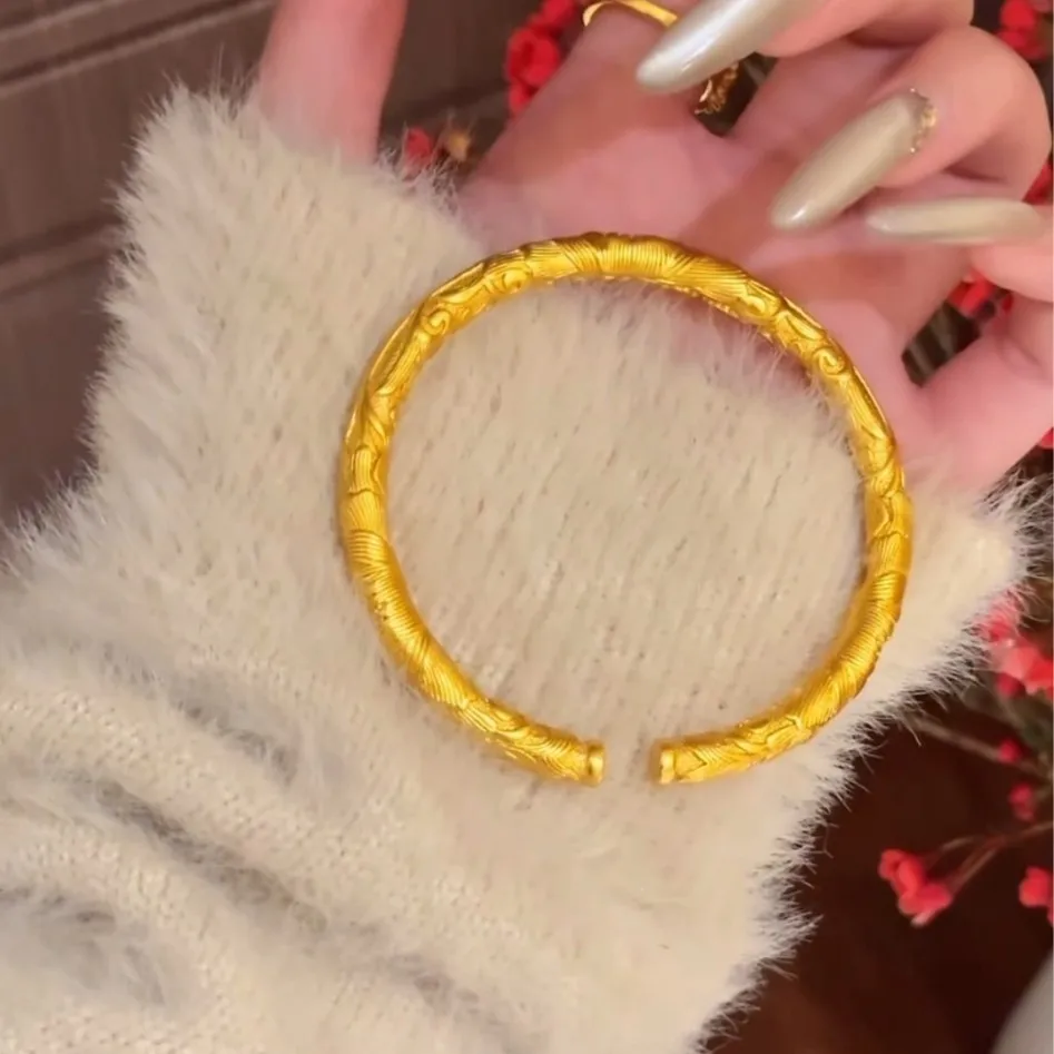 Ancient method  chisel rich peony flower ring opening bracelet 9999gold