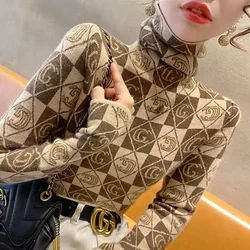 Women Clothing Letter Jacquard Knitwear Vintage Chic Slim Comfortable Elasticity Wool Sweaters Winter Y2k Commute Warm Tops