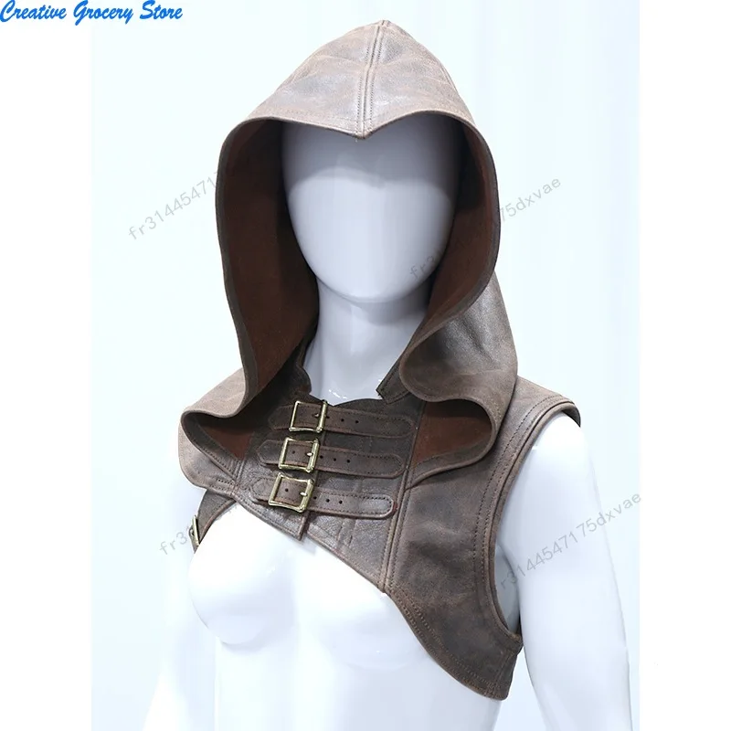 عباءة جلدية بقلنسوة كيب القلنسوة الكبار في القرون الوسطى ويكا ازياء وثنية الإكسسوار تأثيري قاتل قبعة المحارب الزي للنساء الرجال