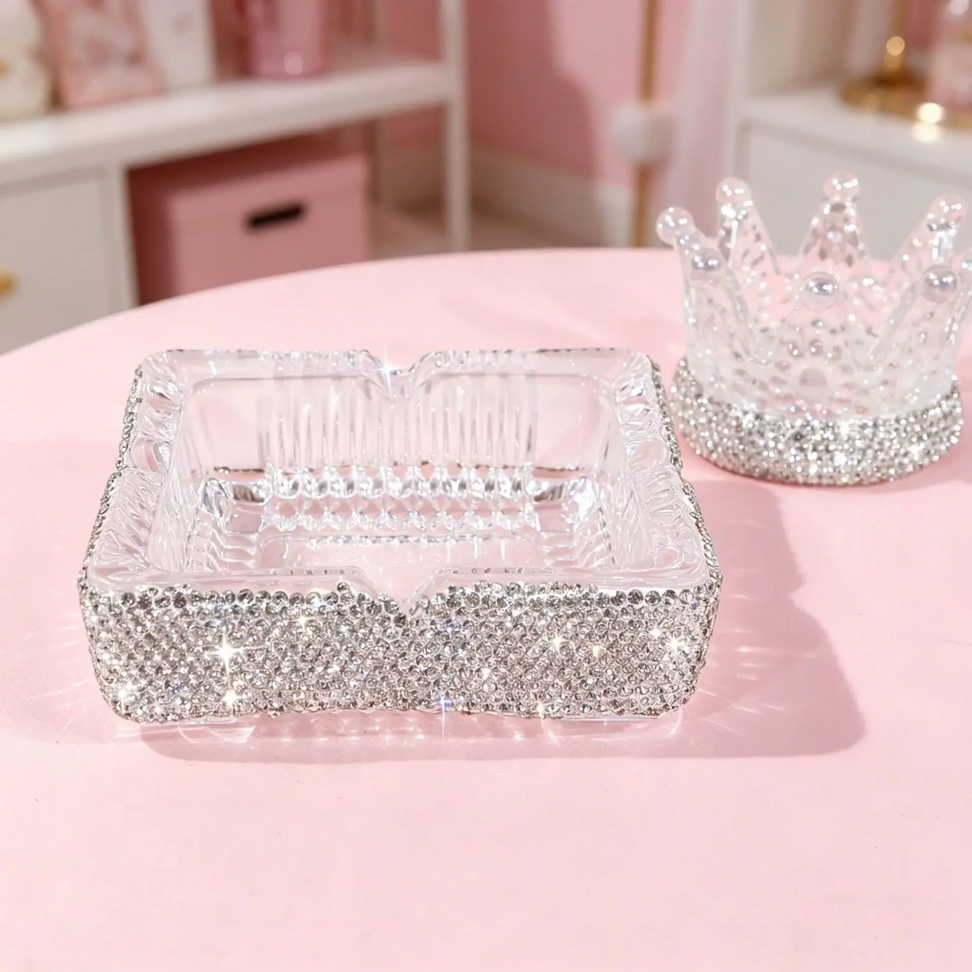 Sparkling Diamond Glass Crown Candle Holder Transparent Ashtray Home Decor Creative Table Centerpiece for Wedding Party