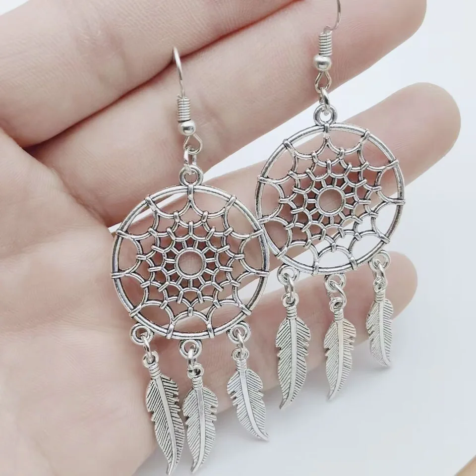 Bohemian Dream Catcher Long Earrings Feather Beads Pendant Tassels Retro Women\'s Earrings Charm Fashion Jewelry Gift