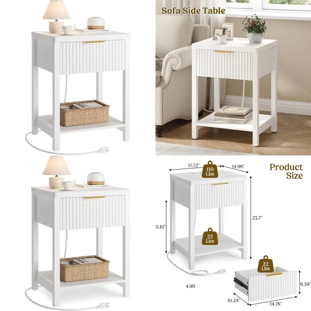 

Белая прикроватная тумбочка с зарядной станцией, деревянный приставной столик для спальни, компактный набор из 1 шт.