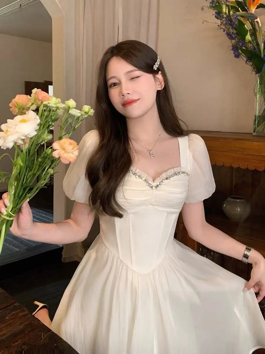 White Fairycore Princess Dresses Women Puff Sleeve Diamonds Midi Vintage Chiffon A-line Birthday Party Holiday Ins Temperament