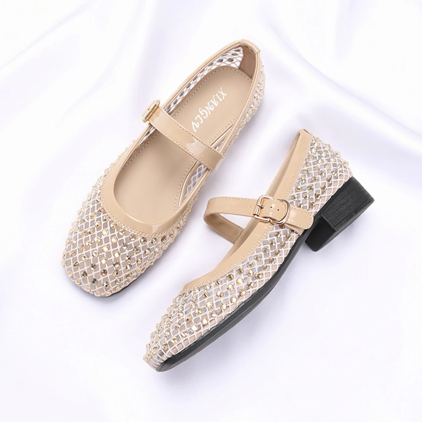 

Retro Rhinestone Mesh Ballet Flat Fashion Crystal Mary Jane Shoes Luxury Designer Summer Elegant Loafers Mules Women Sandals