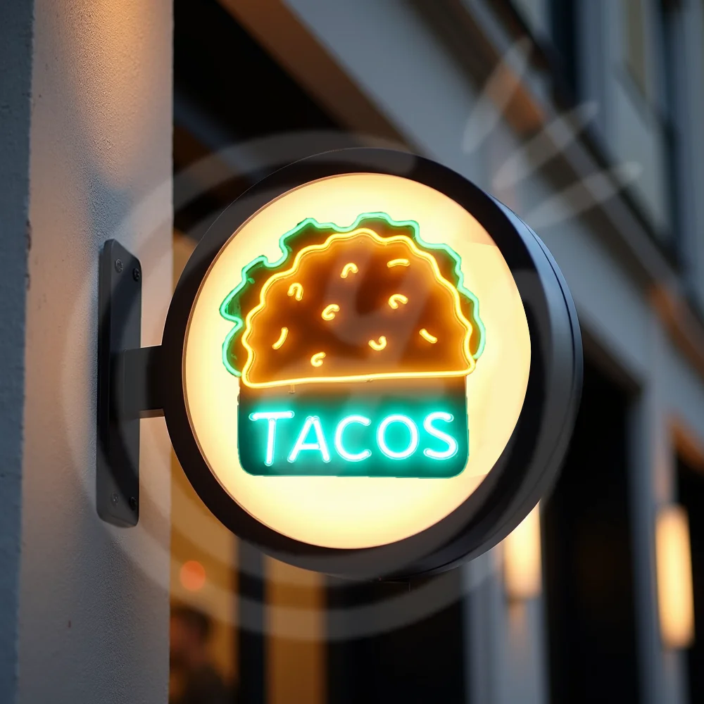 صندوق إضاءة تاكو مستدير من الأكريليك LED مخصص لواجهة المتجر مقاوم للماء على الوجهين لافتات أعمال خارجية مثبتة على الحائط