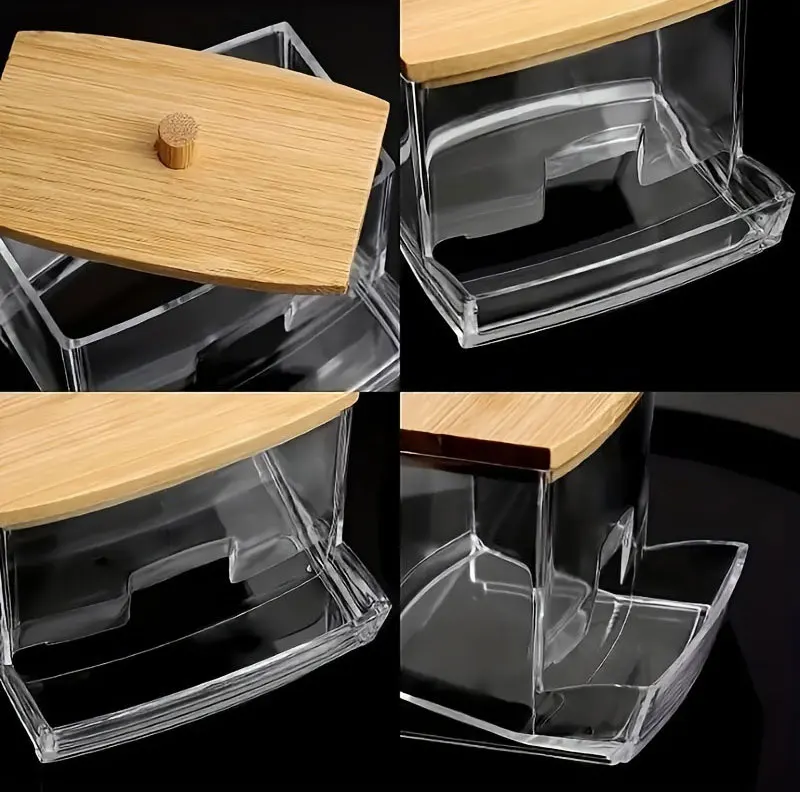Acryl-Aufbewahrungsbox, Badezimmer-Glas, Make-up-Organizer, Baumwolle, runder Pad-Halter, Baumwoll-Halter, Spender mit Bambusdeckel, transparenter Kunststoff – Detail 10