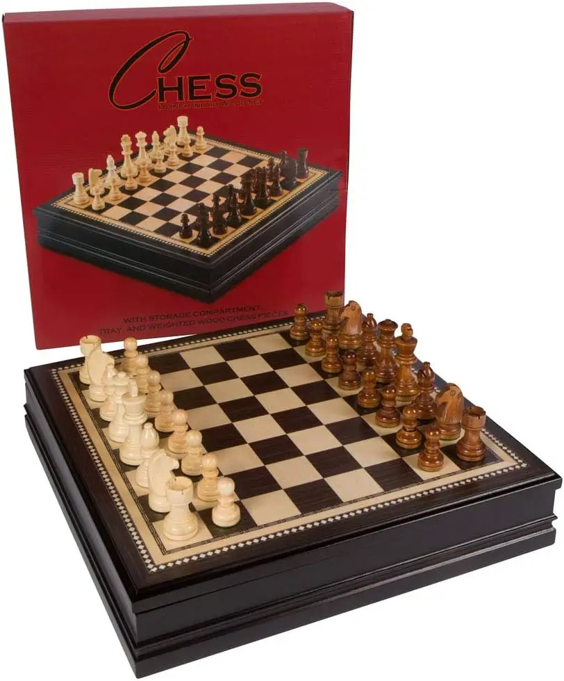 Inlaid Wood Chess Board Game with Weighted Wooden Pieces, Large 18 x 18 Inch Set