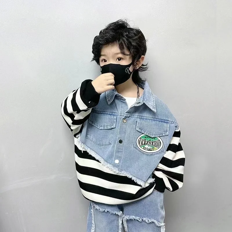 Boys Clothing Sets New Fashion Spring Autumn T-shirt + Denim Pants 2Pcs Patchwork Clothing For Children 5 6 8 Year