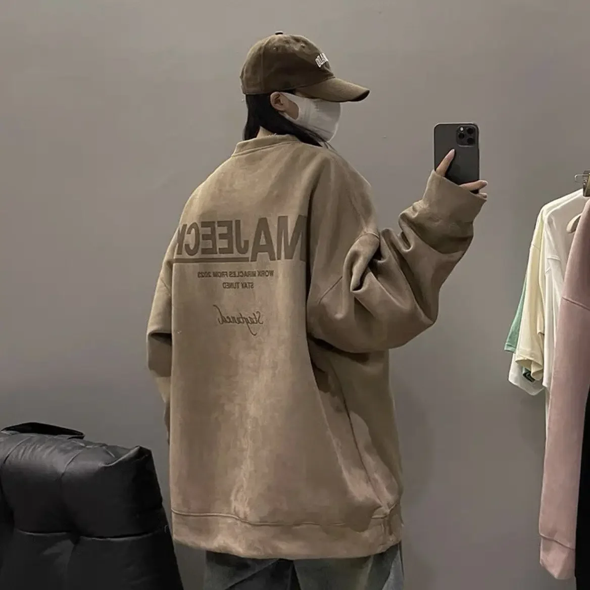 Heavy Suede Round Neck Sweater Men Autumn and Winter New American Retro Trendy Loose and Versatile Student Tops and Jackets y2k