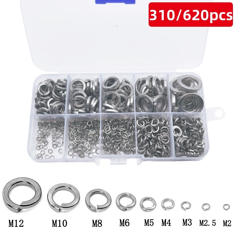 310/620 pieces 304 stainless steel spring washers assortment kit, 9 sizes M2 M2.5 M3 M4 M5 M6 M8 M10 M12