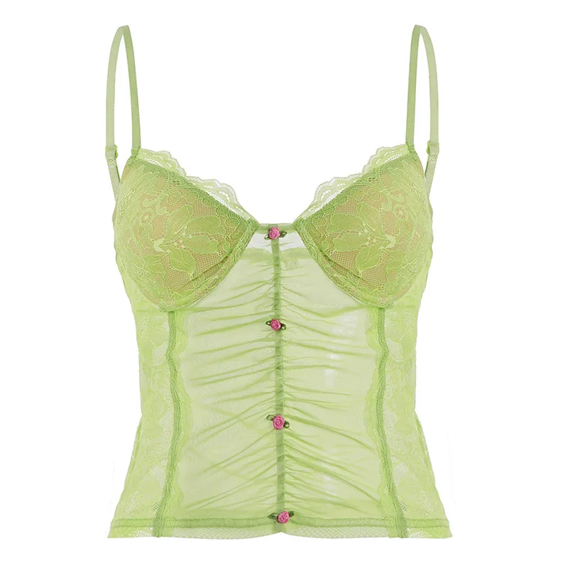 Lace patchwork mesh sexy hot girl perspective sling women vacation style flower green top