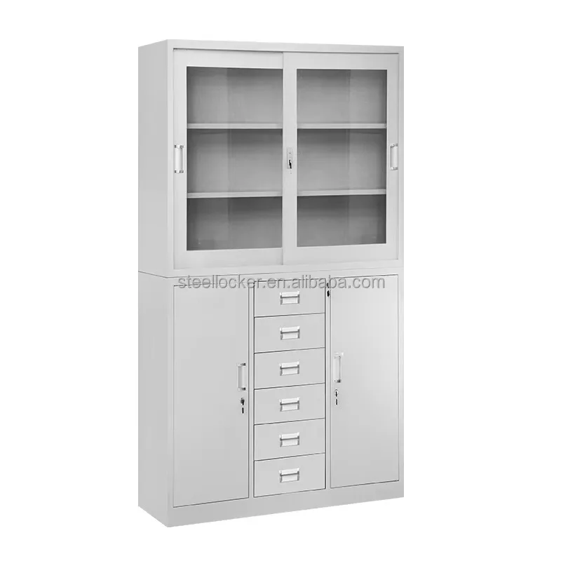 Functional Modern Office Cabinet Glass Sliding Door Steel Filing Cabinet Metal Office Filing Metal Storage Cabinet with Drawer