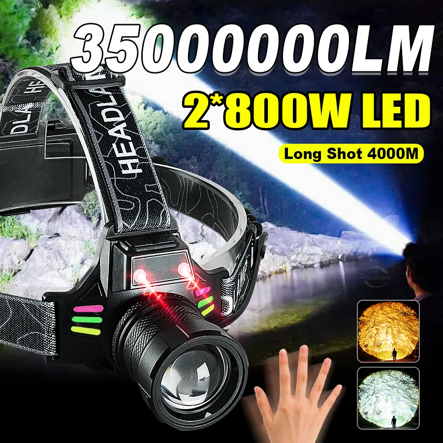 Super Bright LED Headlamp White+Yellow Light USB Rechargeable Head Light Motion Sensor Powerful Headlight Outdoor Camping Lamp