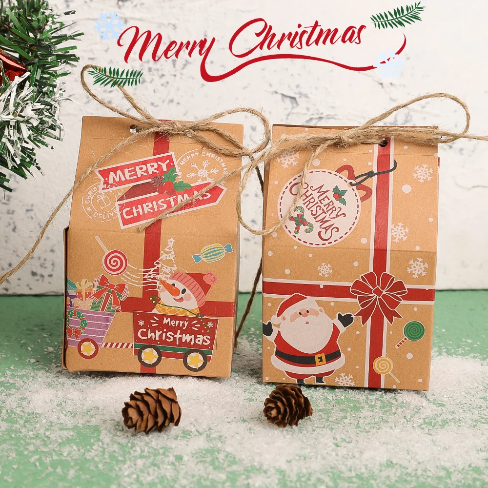 6/1PCS Christmas Candy Storage Box Santa Claus Train Pattern Kraft Paper Gift Bag for Candy Cookies Cables Gift Box Packing Bag