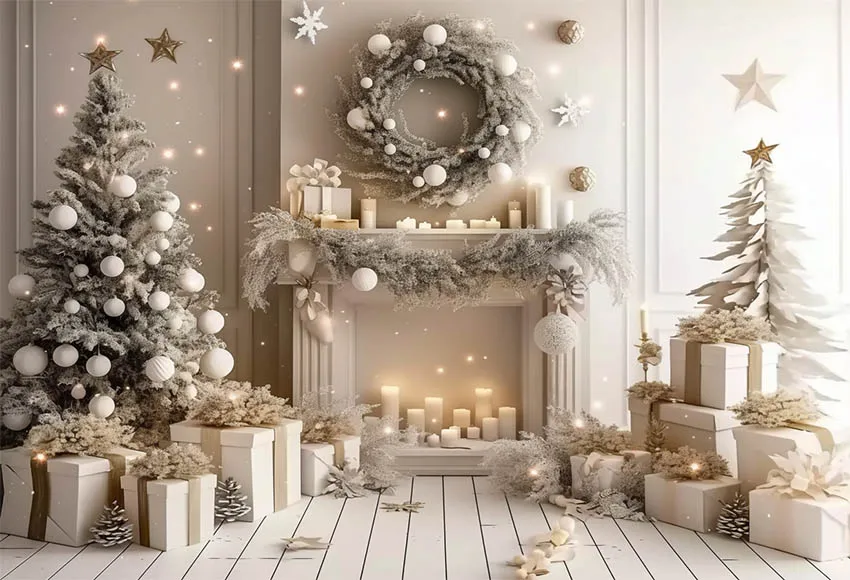 Mehofond ฉากหลังถ่ายรูป, พวงมาลัยเตาผิงสีขาวภาพเทศกาลครอบครัวภาพเหมือนต้นคริสต์มาสดาวของขวัญสำหรับตกแต่งพื้นหลังสตูดิโอถ่ายภาพ