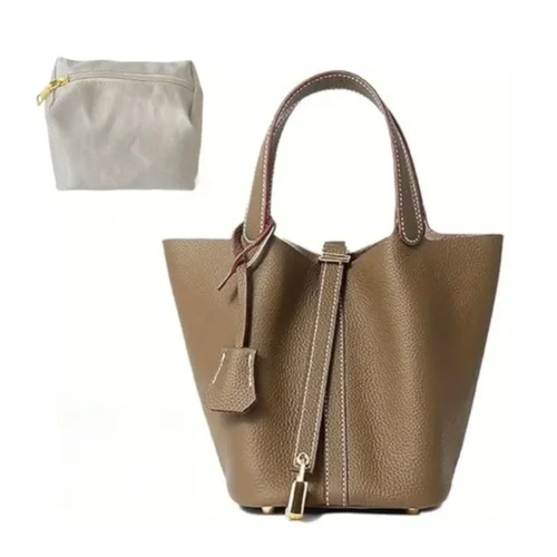 Imagen 2 del producto Bolso de mano para mujer, bolso tipo cubo, cesta, bolso de hombro, bolso de viaje, bolso tipo cubo de cuero, bolso grande de cuero suave con cerradura para uso diario