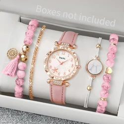 Reloj de cuarzo de cuero con flores para mujer, juego de 5 piezas, cuentas rosas