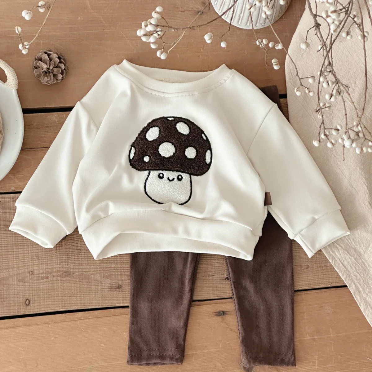 Baby Cute Mushroom Sweatshirt Set Toddler Spring Autumn Long Sleeve Crew Neck Top Ribbed Pants 2Pcs Casual Outfit