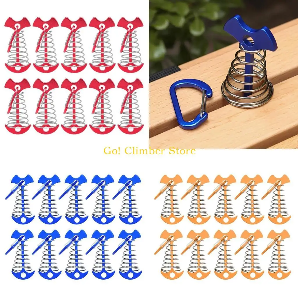 Q84C 10Pcs Windproof Fishbone Deck Anchors Peg Spring Guyline Tensioner Cord Adjuster Deck Planks Board Tent Stake Enduring