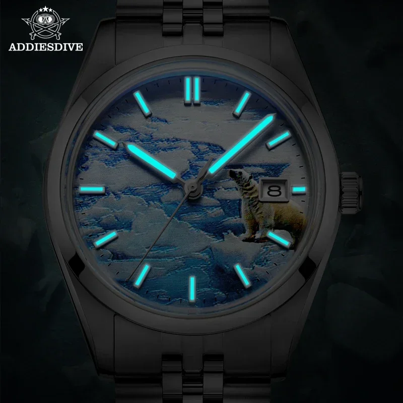 ADDIADDIESDIVE-Montre Mécanique existent en Acier Glacier 3D, Montre-Bracelet en Verre Miroir, Moteurs Super Shoous, Plongeur, 39mm, 100m