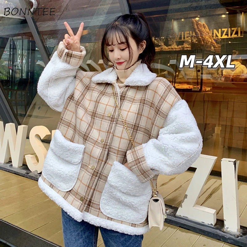 

Basic Jackets Women M-4XL Plaid Thick Winter Warm Fashion Preppy Style Ulzzang Mujer Chaquetas Kawaii Japan Teens Girlish Coats