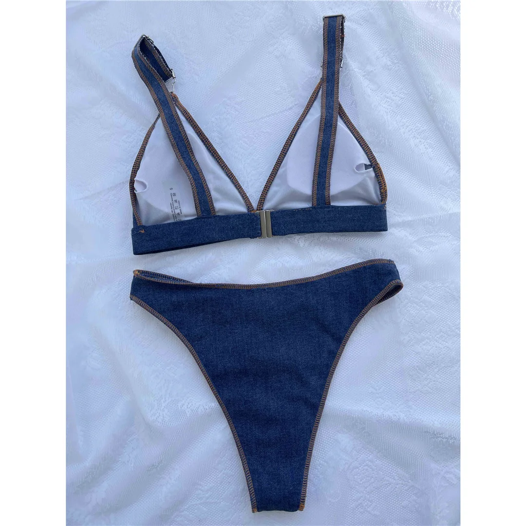 Damen-Badebekleidung, sexy, denimfarben, brasilianischer Schnitt, hoch geschnittener Bikini, zweiteiliger Bikini-Set, Badeanzug, Badebekleidung, Modell V4498. – Detail 10