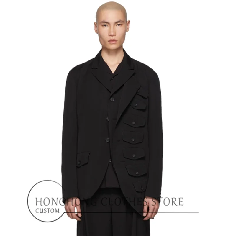 Original design asymmetrical black suit, high-quality fake two-piece multi-pocket plus-size jacket