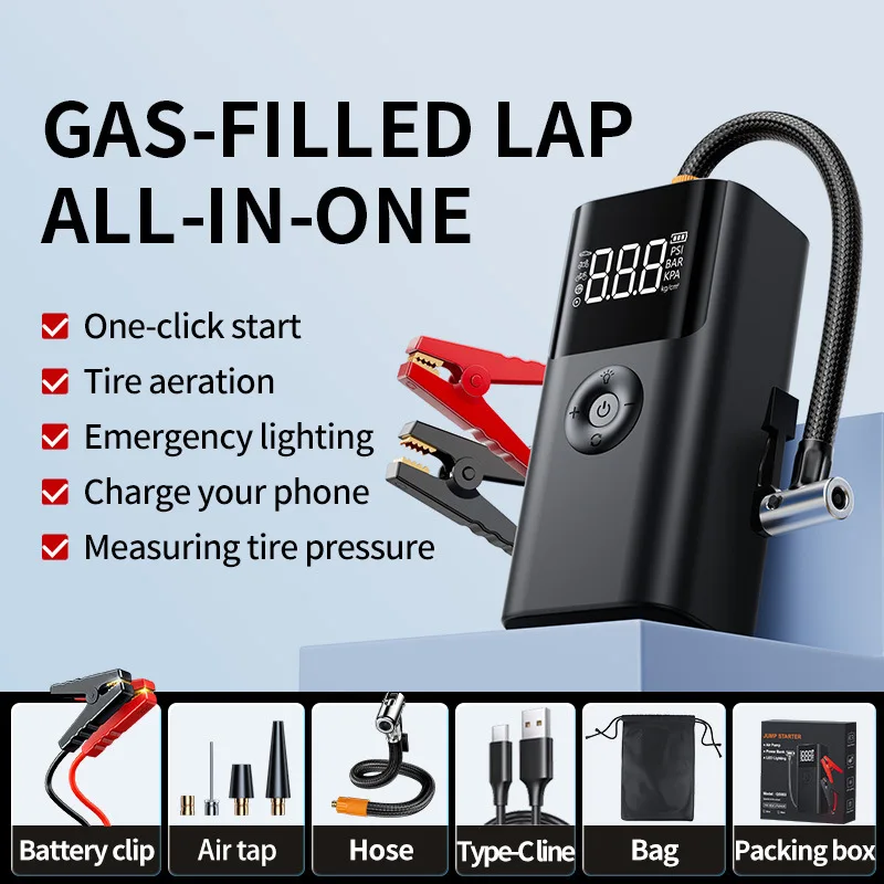 

10000mAh Portable Car Jump Starter, Air Compressor & Smart Clamps, Multi-Function Emergency Booster for Ga&Diesel Cars