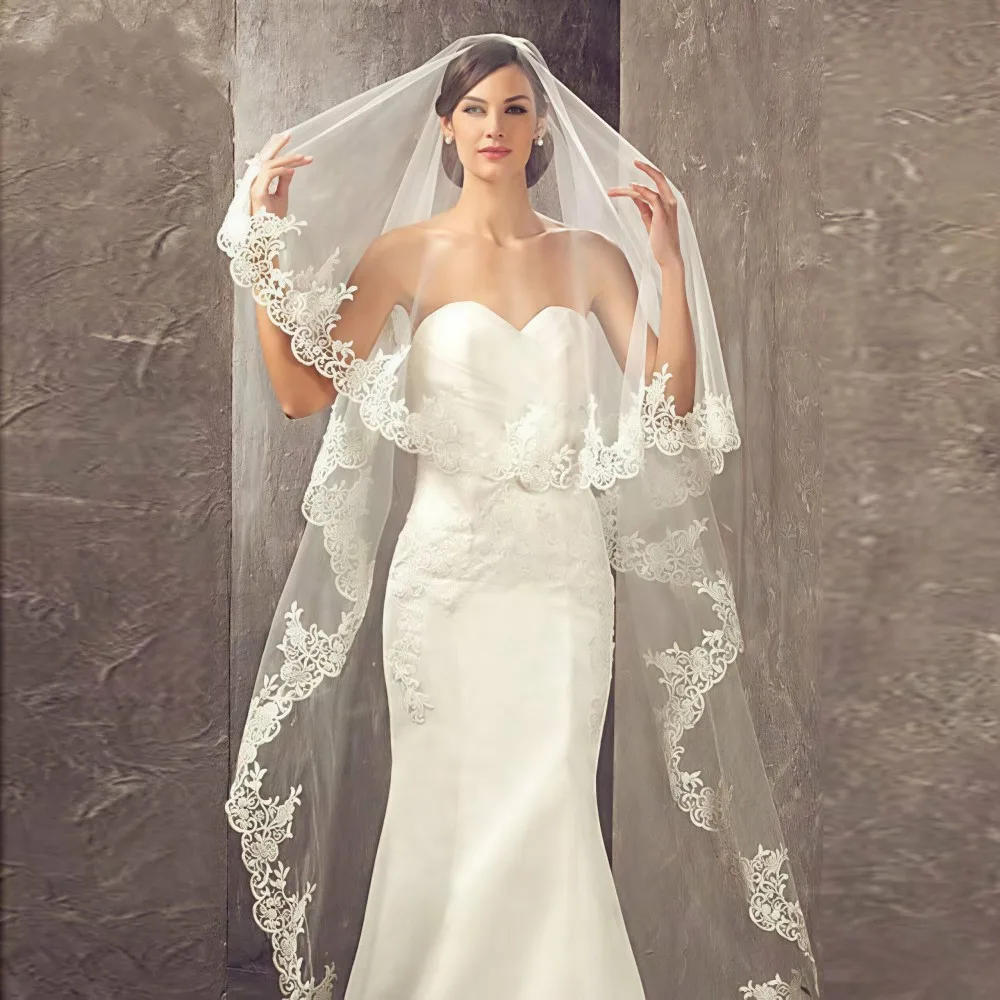 Wedding Bridal Tulle Veil Lace Edge Floral Embroidered Lace Trim Cathedral Long Veil For Bride Wedding Ceremony Hair Accessories