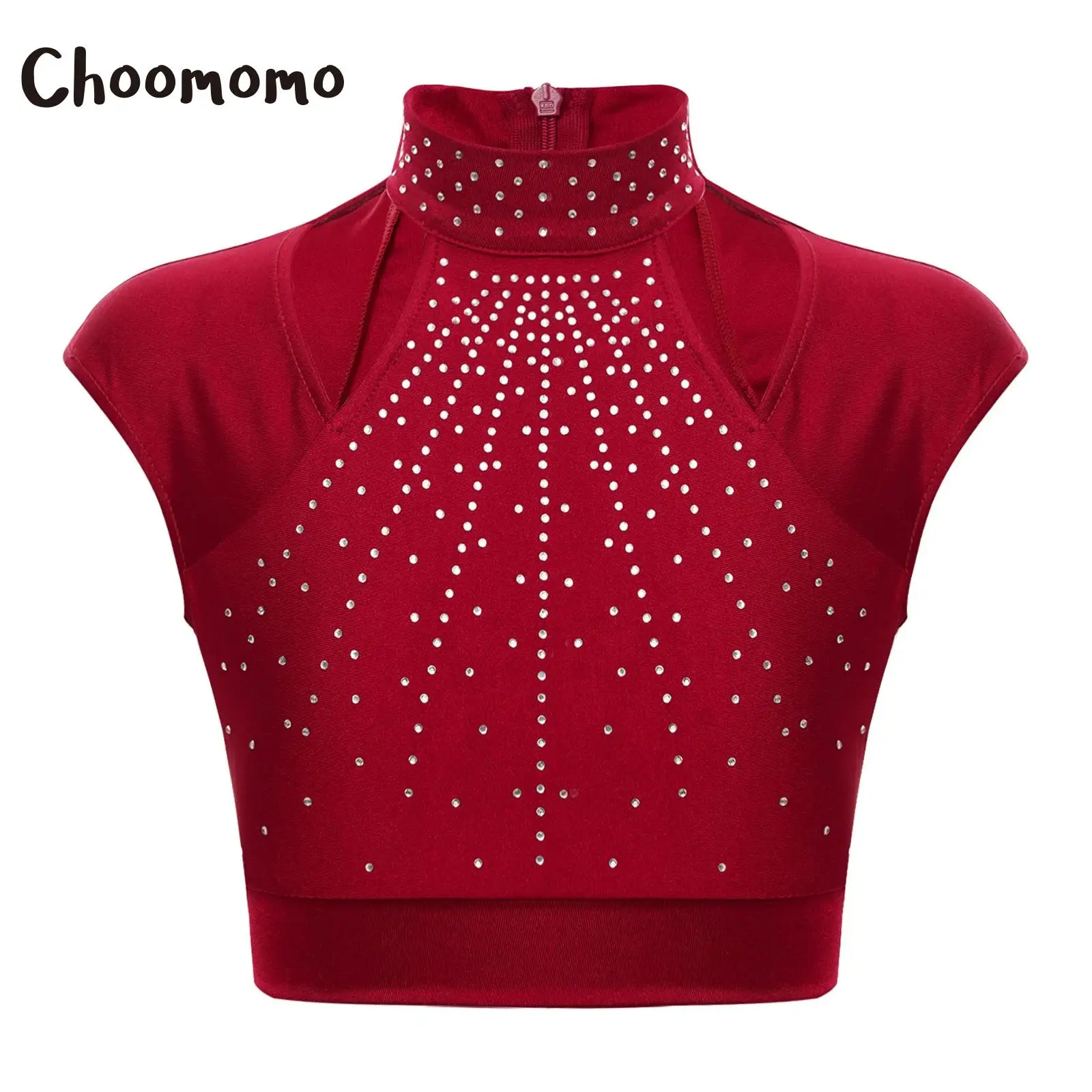 Gorra de manga corta con diamantes de imitación brillantes para niños y niñas, cuello simulado, recorte de baile, camiseta sin mangas atlética, disfraces de baile de salón